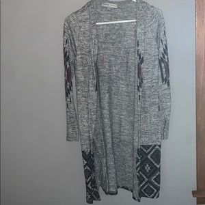 Gray, Burgundy, and Black Cardigan With a Hood